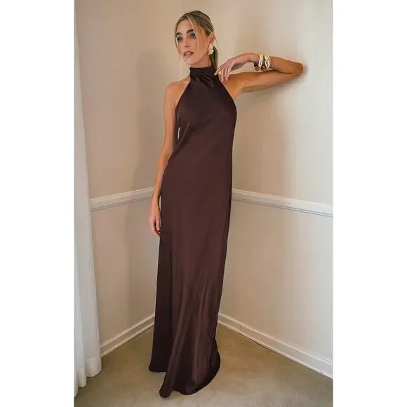 Show Me Your Mumu Lisa Maxi Dress in Chocolate Luxe Satin XS - Picture 2 of 8
